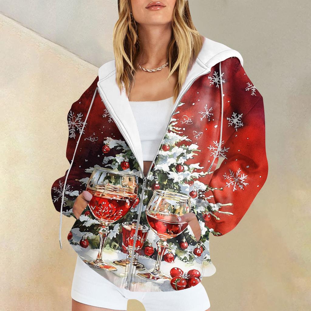 Women's Long Sleeve Christmas Print With Pockets Cardigan Zipper Hooded Sweatshirt Jacket