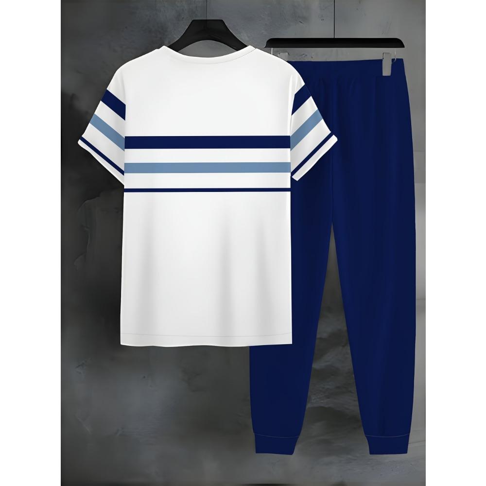 Men's Summer Striped Print Refreshing Breathable Round Neck T-shirt Pants Set Outdoor Casual Wear