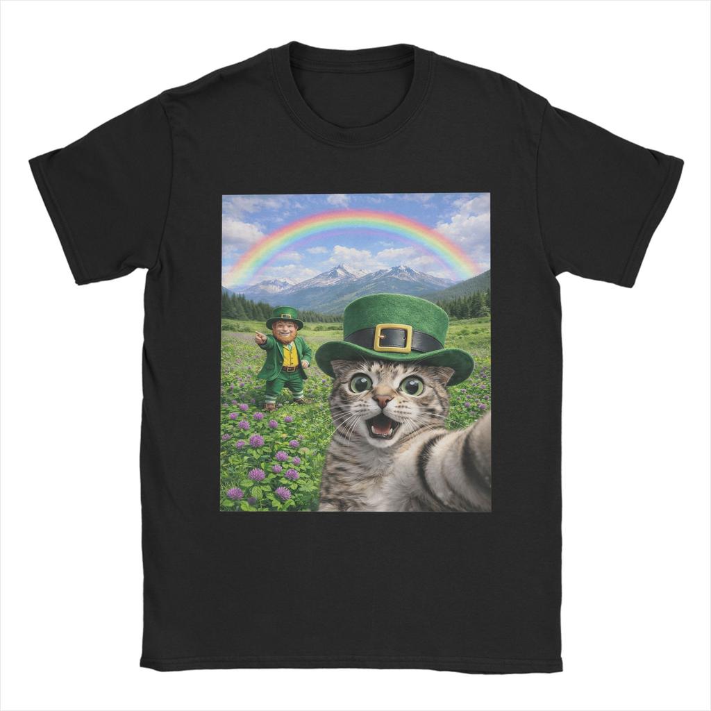 St Patricks Day Cat Selfie with Leprechaun Funny Photo T Shirt Beach Cotton T Shirts For Unisex Harajuku Casual Tee Shirt