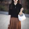 Women's 80s Merino Wool Mid-Sleeve Sweater – Thin, Loose, Turn-Down Collar Top