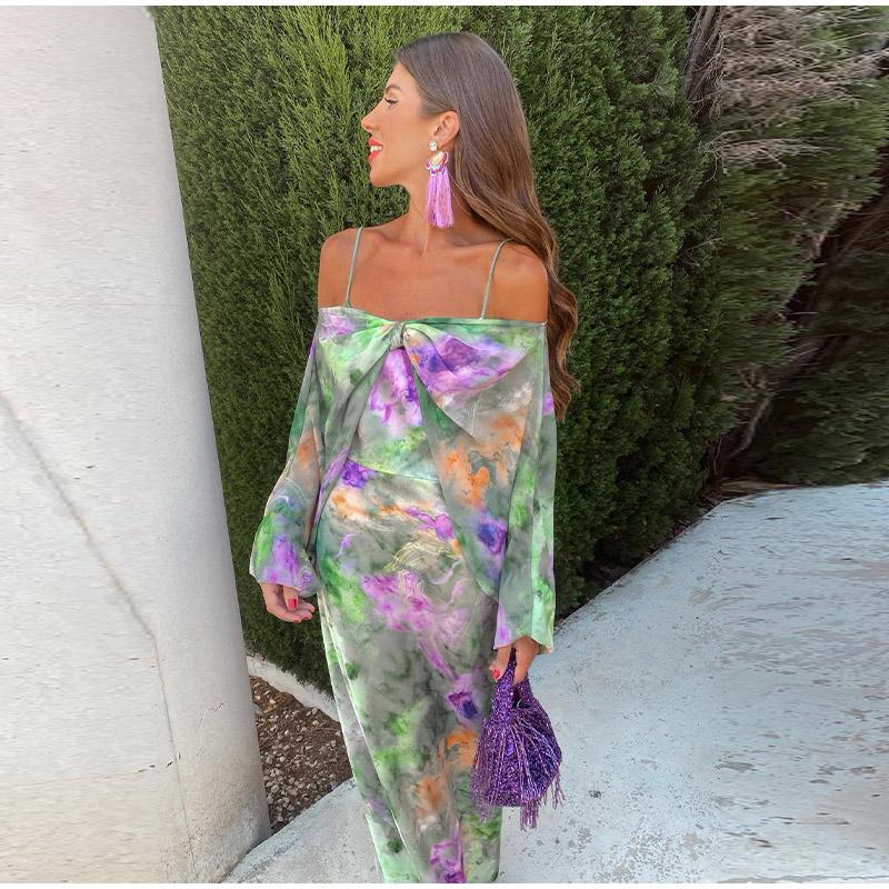 Fashion Elegant Print Dress Women Sexy Off Shoulder Backless Tie-dye Suspender Female Dresses 2 Piece Slash Neck Vacation Lady Robes
