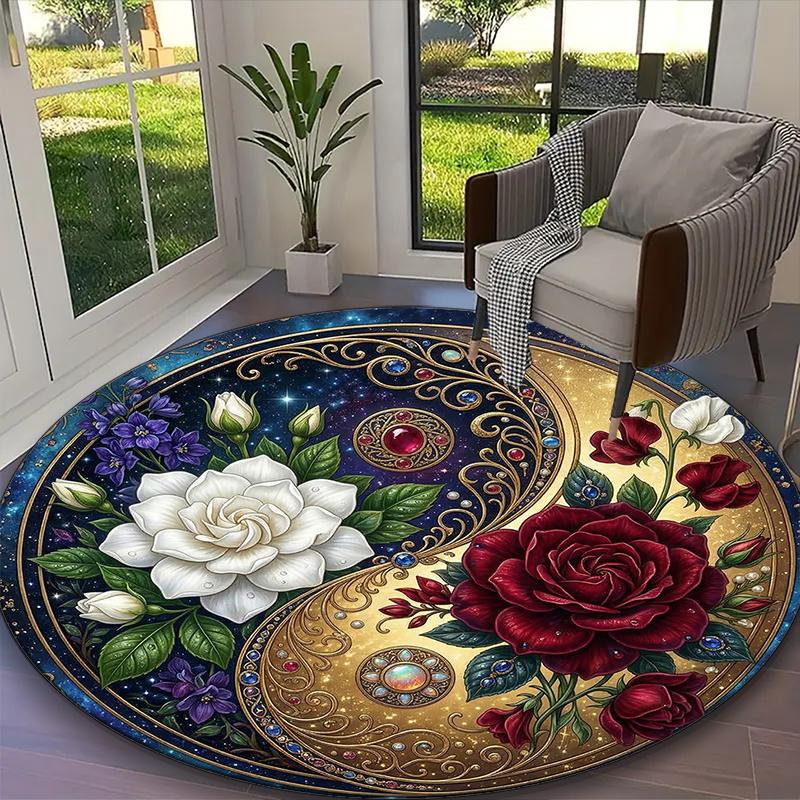 

[Blue Balance Rose White Floral Views Printed Carpet] Non-slip Office Rug, Cozy Round Carprt for Living Room Use, Soft Home Sofa Chair Mat Diameter 60cm