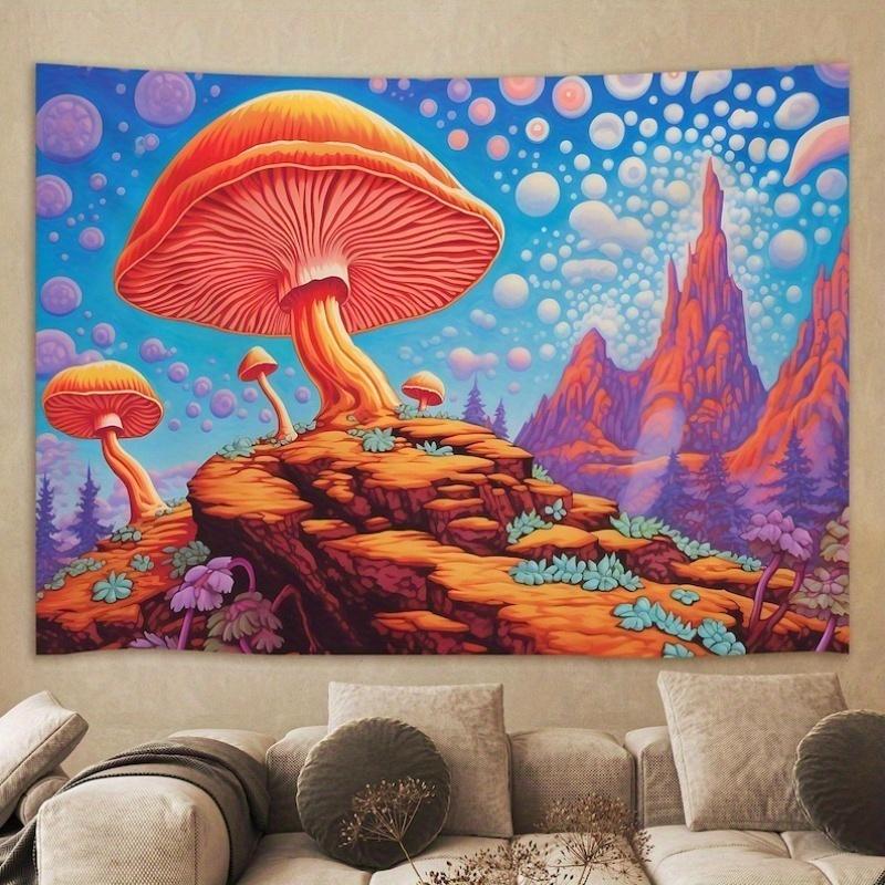 1pc Trippy Surreal Mushroom Tapestry Wall Hanging - 40x60 Inch Vibrant Psychedelic Art with Celestial Landscape, Peach Light Bei