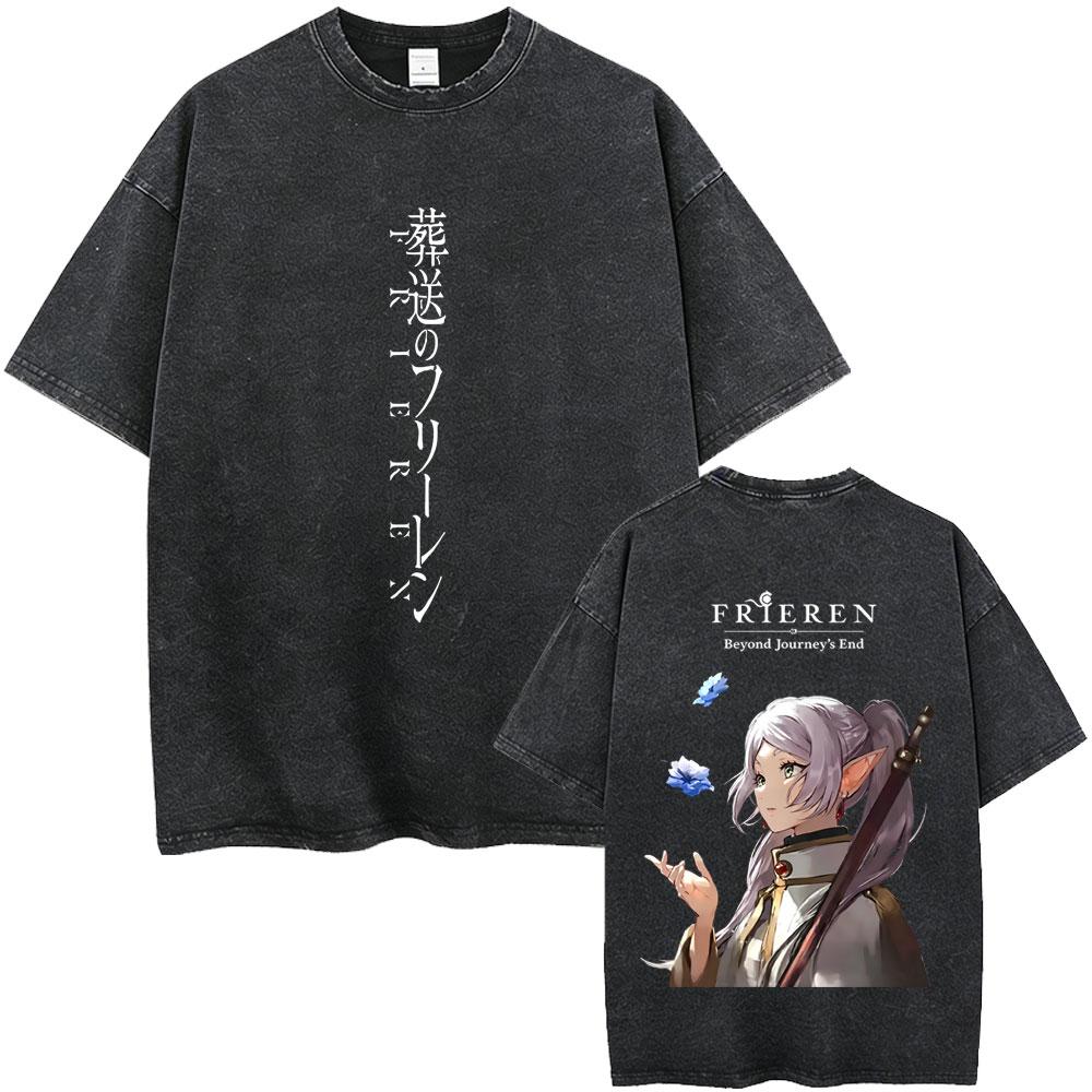 Anime Frieren Beyond Journeys End Frieren Washed Vintage Tshirt Men Women Fashion Manga Tshirts High Quality Cotton T Shirts