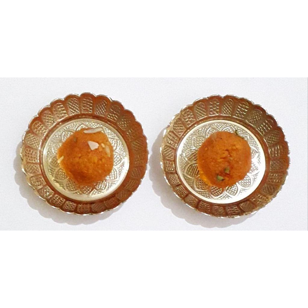 Small Pure Brass Plate for Puja / Diwali / Bhog Thali with Beautiful Flower Embossed Design (Golden) Set of 2pcs