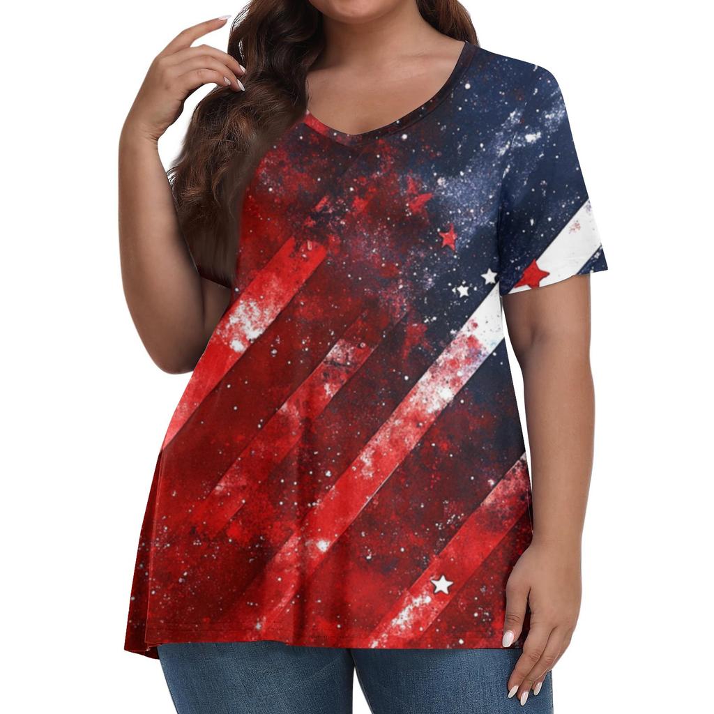 Women's Fashion Casual V-Neck Pullover Short Sleeve Large Size Independence Day Printed T-Shirt Top