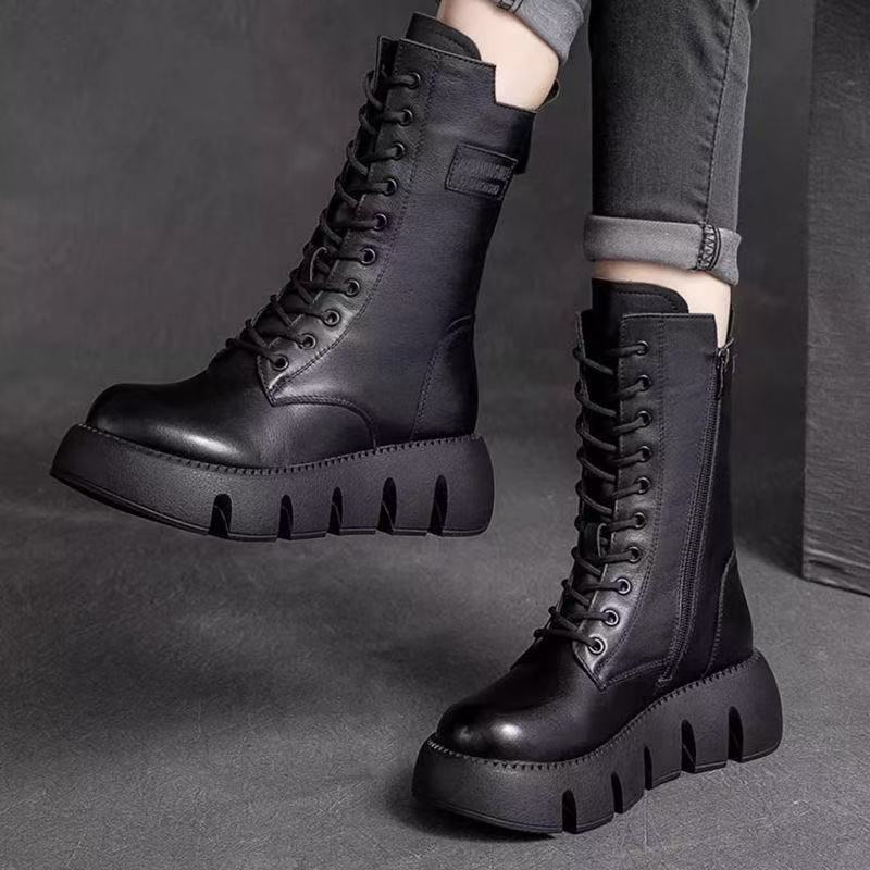 Autumn and winter soft leather comfortable thick-soled British Martin boots women's fashion medium tube single boots trendy velvet thickened warm cot