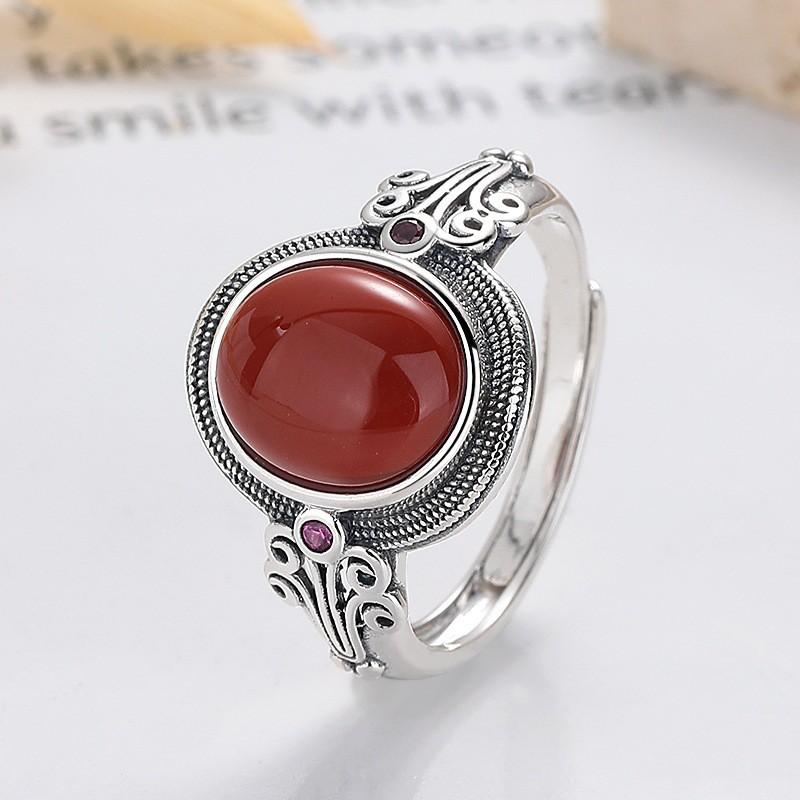 Adjustable Vintage Copper Ring With Engraved Motif Oval Cabochon Red Stone Boho Ethnic Style Unisex Finger Adjustable Open Band