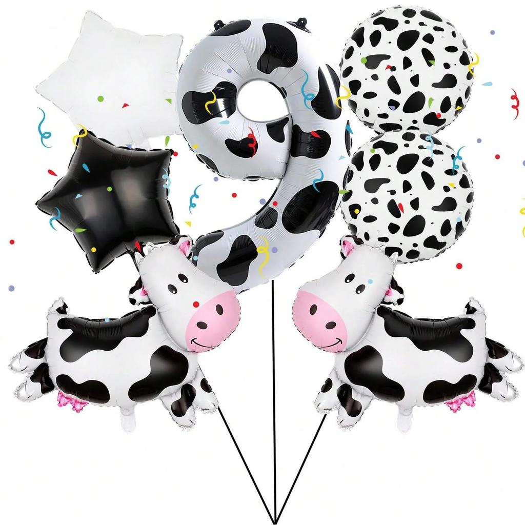 7pcs Cartoon Big Cow Balloon 40inch Black White Cow Number 0-9 Balloon Set Kid's Birthday Farm Animal Party Balloon Decoration