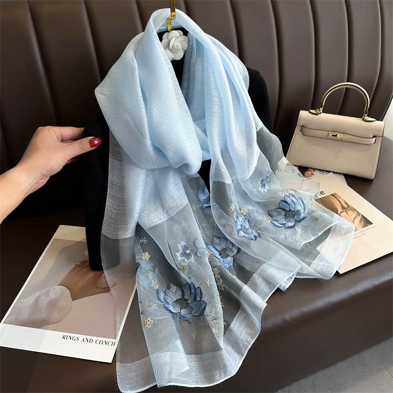 Hand-Embroidered Mulberry Silk Scarf - Elegant Spring & Autumn Shawl