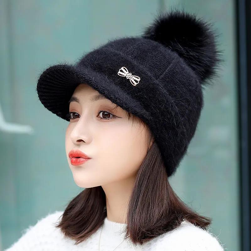 Winter Plus Velvet Knitted Hat Korean Fashion Fur Ball Warm Cap Thick Rabbit Fur Wool Hat for Women