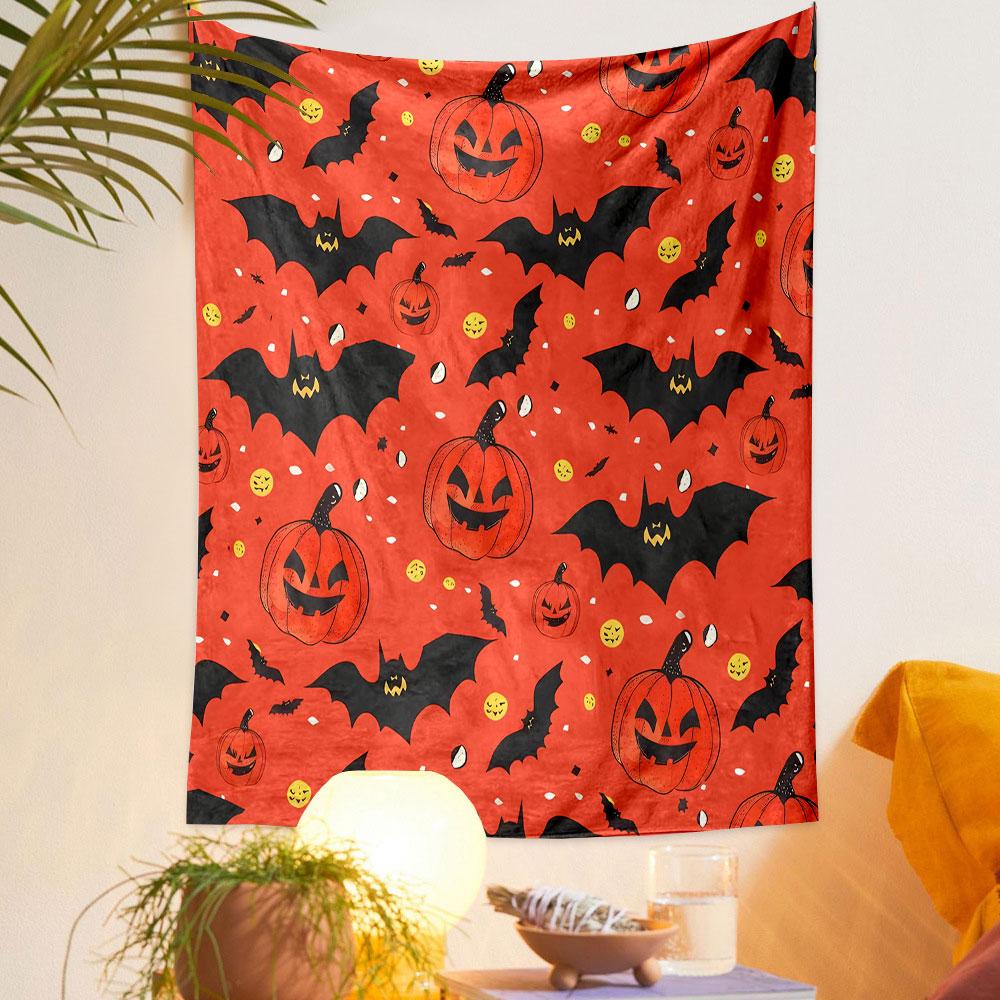 Halloween Pumpkins and Bats Pattern Patterned Tapestry Decorative Wall Hanging, Home Bedroom Living Room Decor