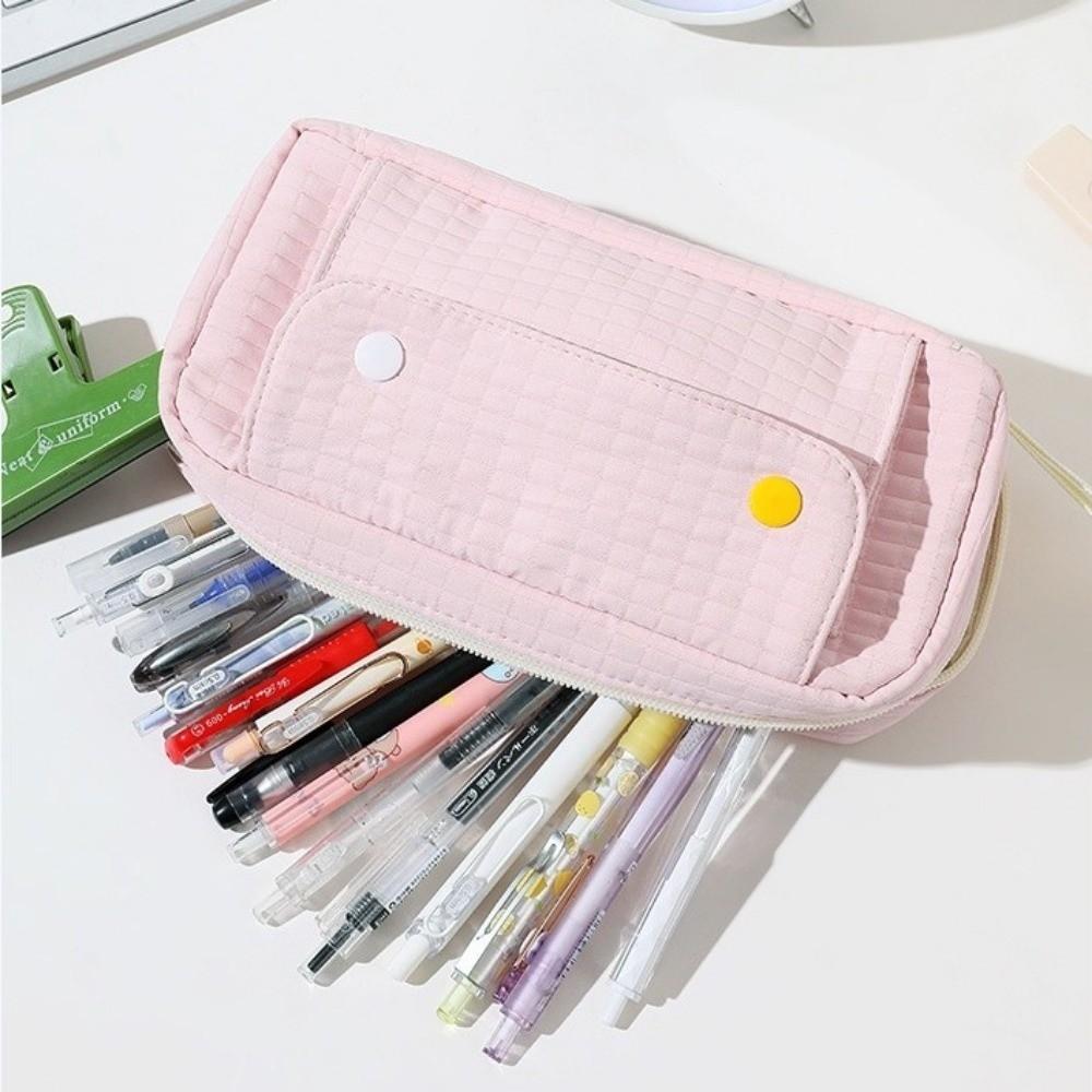 Large Capacity Pencil Case Polyester Multiple Layers Stationery Bag with Zipper Solid Color Storage Bag Stationery Storage