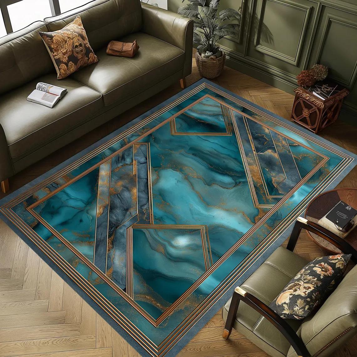 

Elegant Teal Marble Area Rug – Gold Geometric Border Print Carpet Decorative Washable Floor Mat for Sophisticated Home & Office 50cm x 80cm