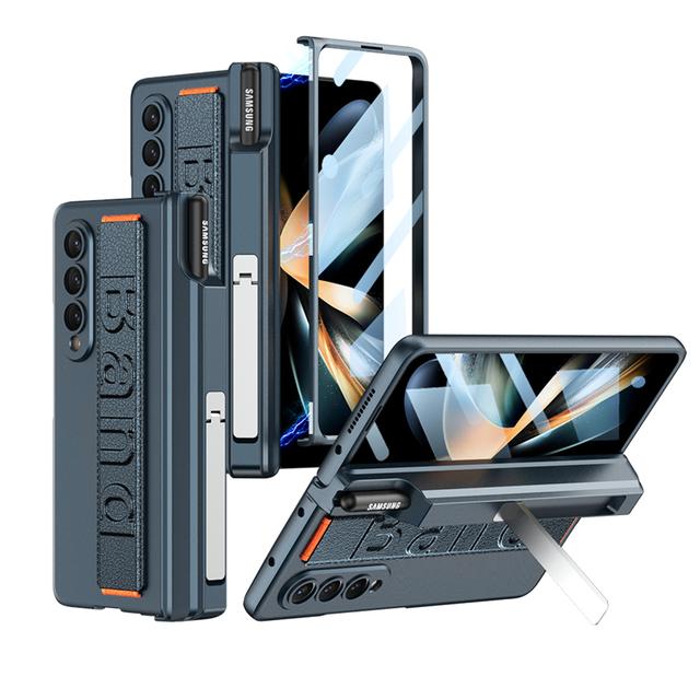 

Чехол-держатель S Pen с ремешком на запястье для Samsung Galaxy Z Fold 4 5g, магнитная защита шарнира, жесткий чехол для ПК с пленкой для экрана NO S Pen