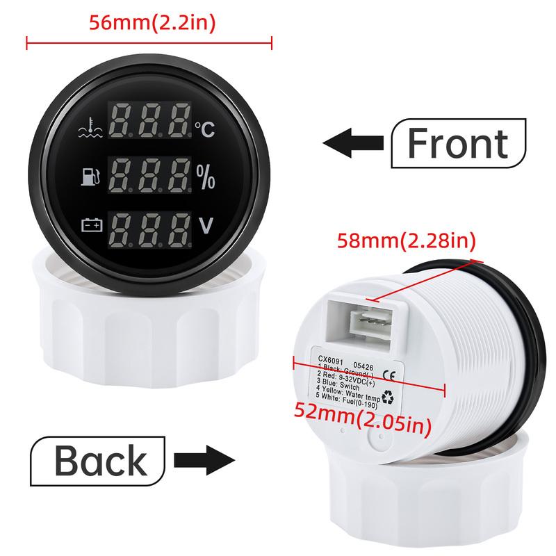 Digital 52mm Gauge Multifunctional Water Temperature+Fuel Level+Voltmeter 0-190ohm Red LED for Car Marine Boat Yacht Customized