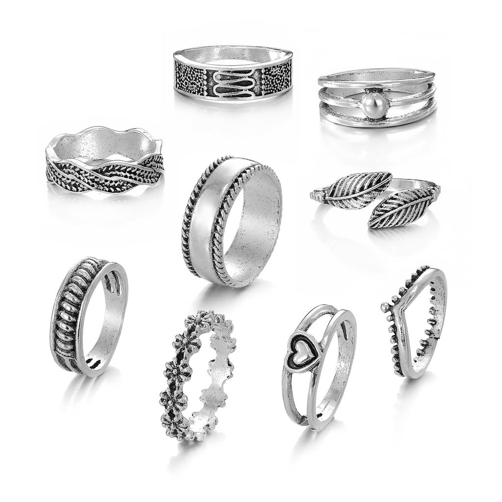 Srebrny zestaw pierścionków z ręcznie rzeźbionymi wisiorkami w stylu retro dla kobiet