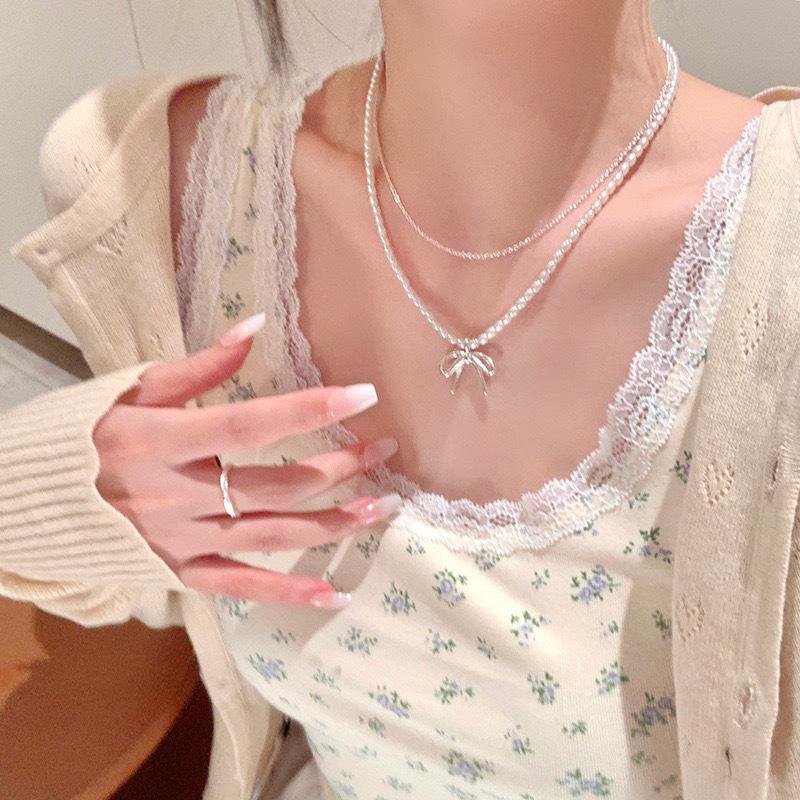 Millet Bead Double Pearl Necklace Women's Bow Neck Chain Accessories Clavicle Chain Premium Light Luxury