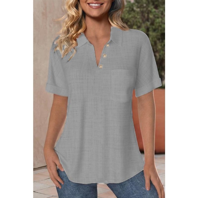 QICED Women's Fashion Casual Solid Color Print POLO Neck Short Sleeve Blouses & Shirts