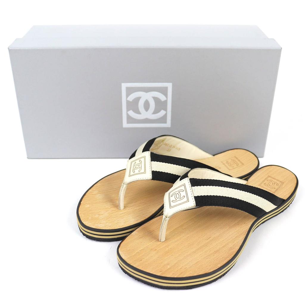 Great CHANEL ENTRE DOIGTS COCO Mark Wood Thong Sandals Beach Sandals 35 G24999 Used