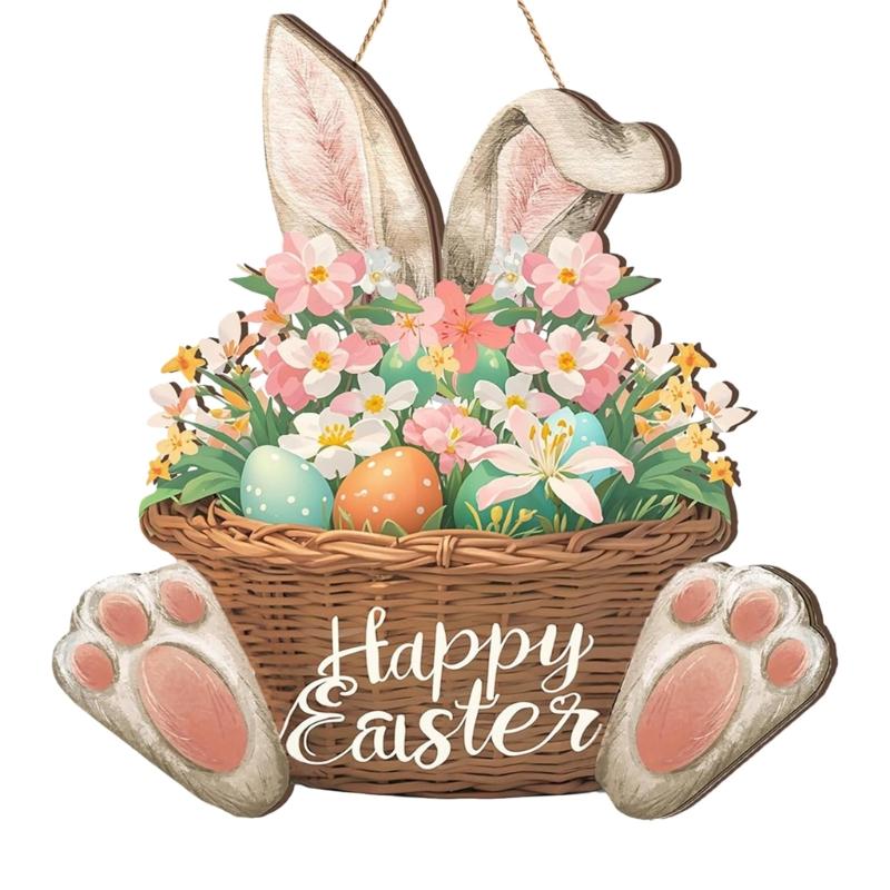 Easter Wooden Welcome Sign with Spring Flowers Rabbit Designs for Door Decoration Hanging Ornament
