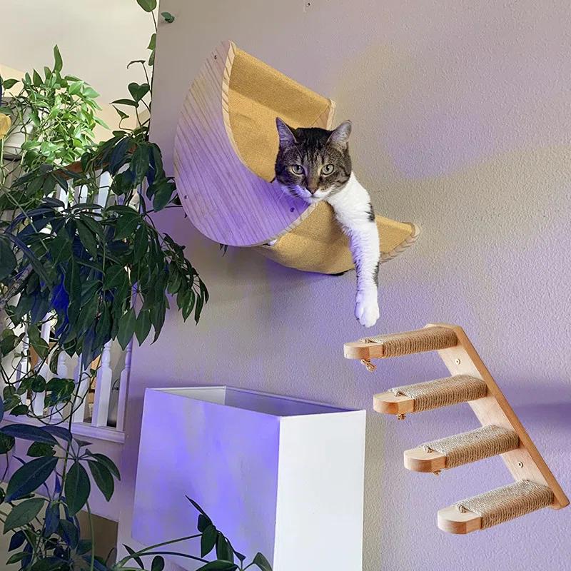 Cat Climbing Shelves Tree Cat Hammock Wall Mounted Tower Hand Woven Cat Wall Hanging House Macrame Detachable Steps & Platform