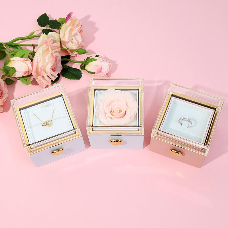 Luxury Rotating Acrylic Jewelry Box with Preserved Rose, Teddy Bear, and Birthday Cake Design