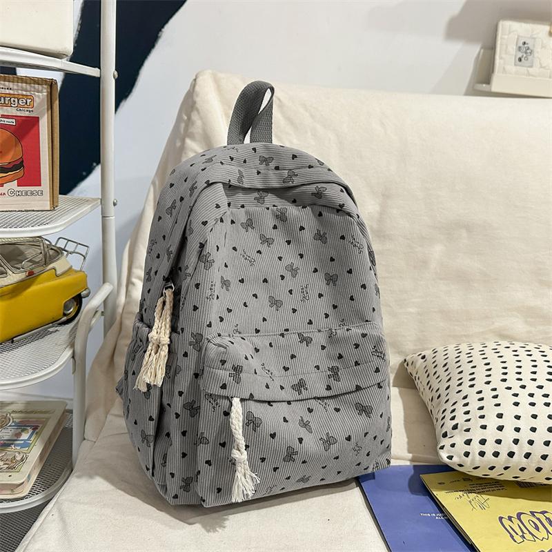 Women's Corduroy Backpack Large Capacity Bow Student Schoolbag