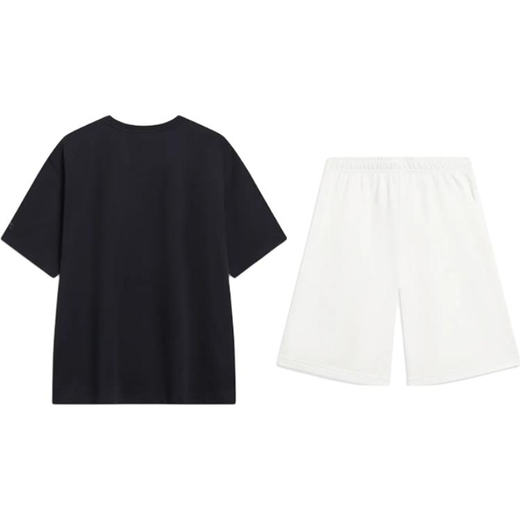 Li Ning Beach Print Fashion Comfortable Versatile Round Neck Pullover Short Sleeve Simple Drawstring Shorts Casual Sports Suit AHSU707-1+AKST593-7