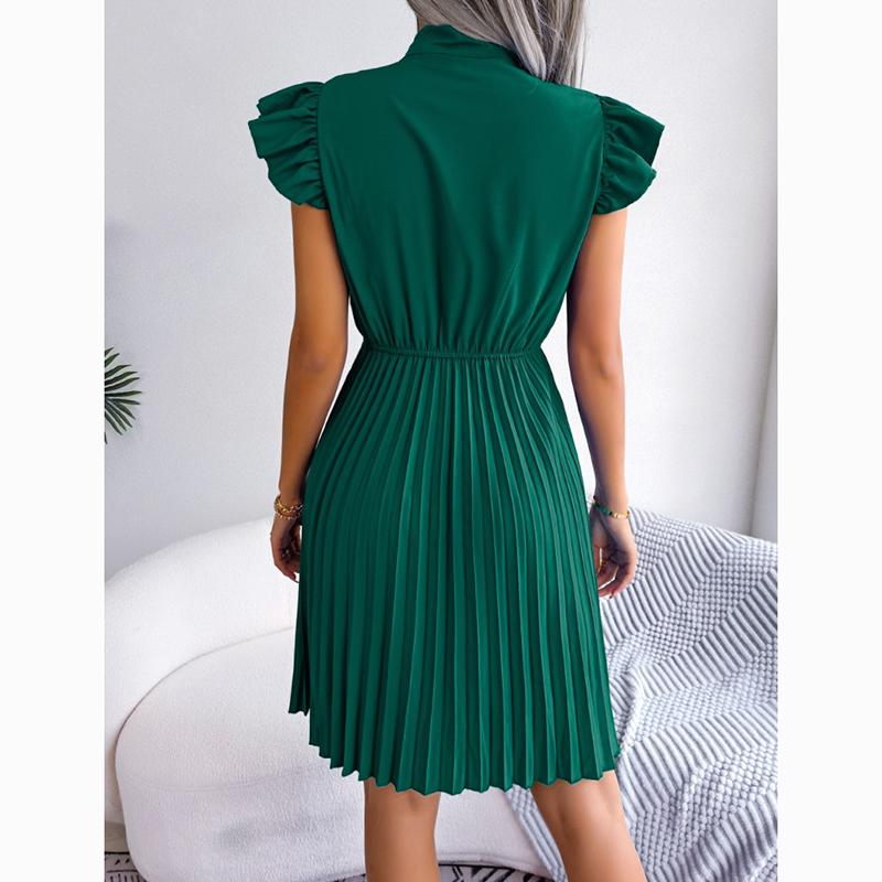 Spring Summer A Line Casual Dresses Women Lace Up Waist Pleated Office Lady Dress Elegant Ruffled Solid Loose Dress Female Clothing 24114