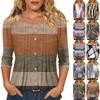 Women's Fashionable Casual Three,quarter Sleeve Button,down Retro Striped Print Round Neck Top