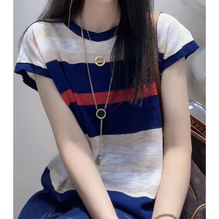 Fashion Design Sense Striped Short-sleeved Knit Sweater Women Summer Niche Fashion Temperament Loose Tops Casual Essential Slim Fit Pullovers Tees