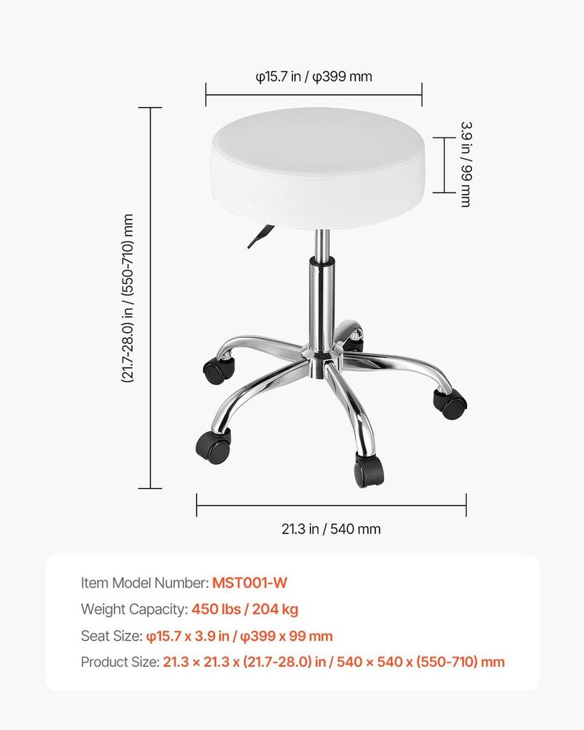 Round Rolling Stool Swivel Work Stool with Wheels Height Adjustable White