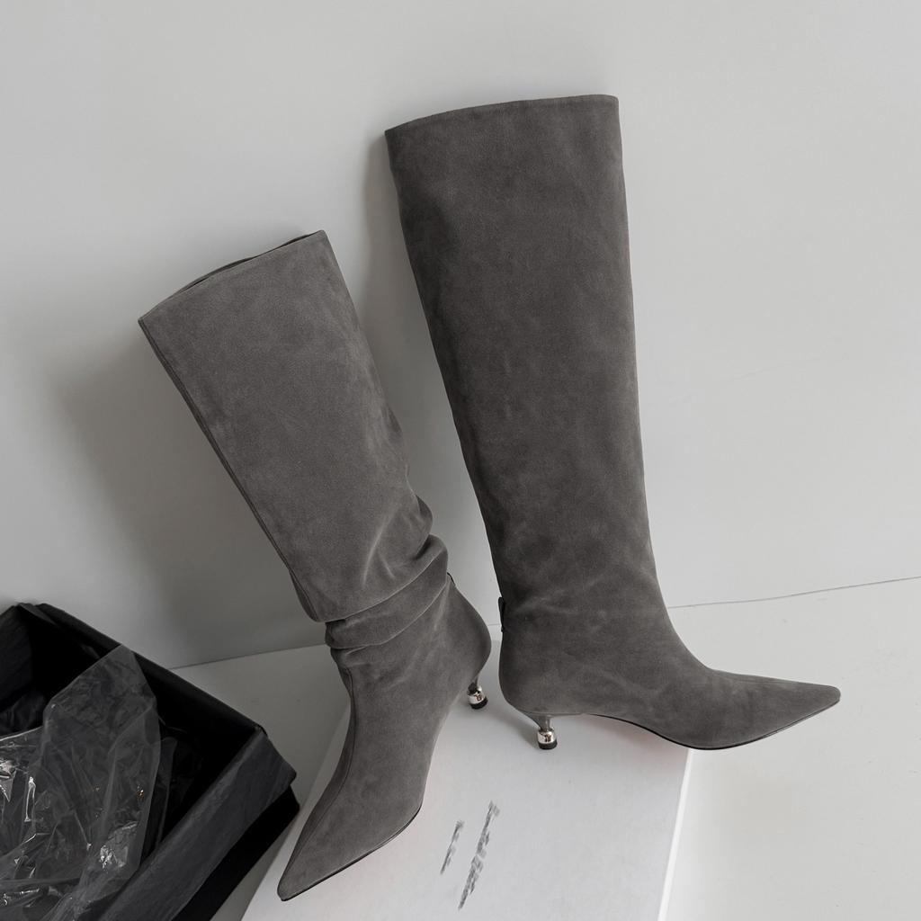 Temperament gray slim boots women's pointed toe thin heel simple pile straight boots