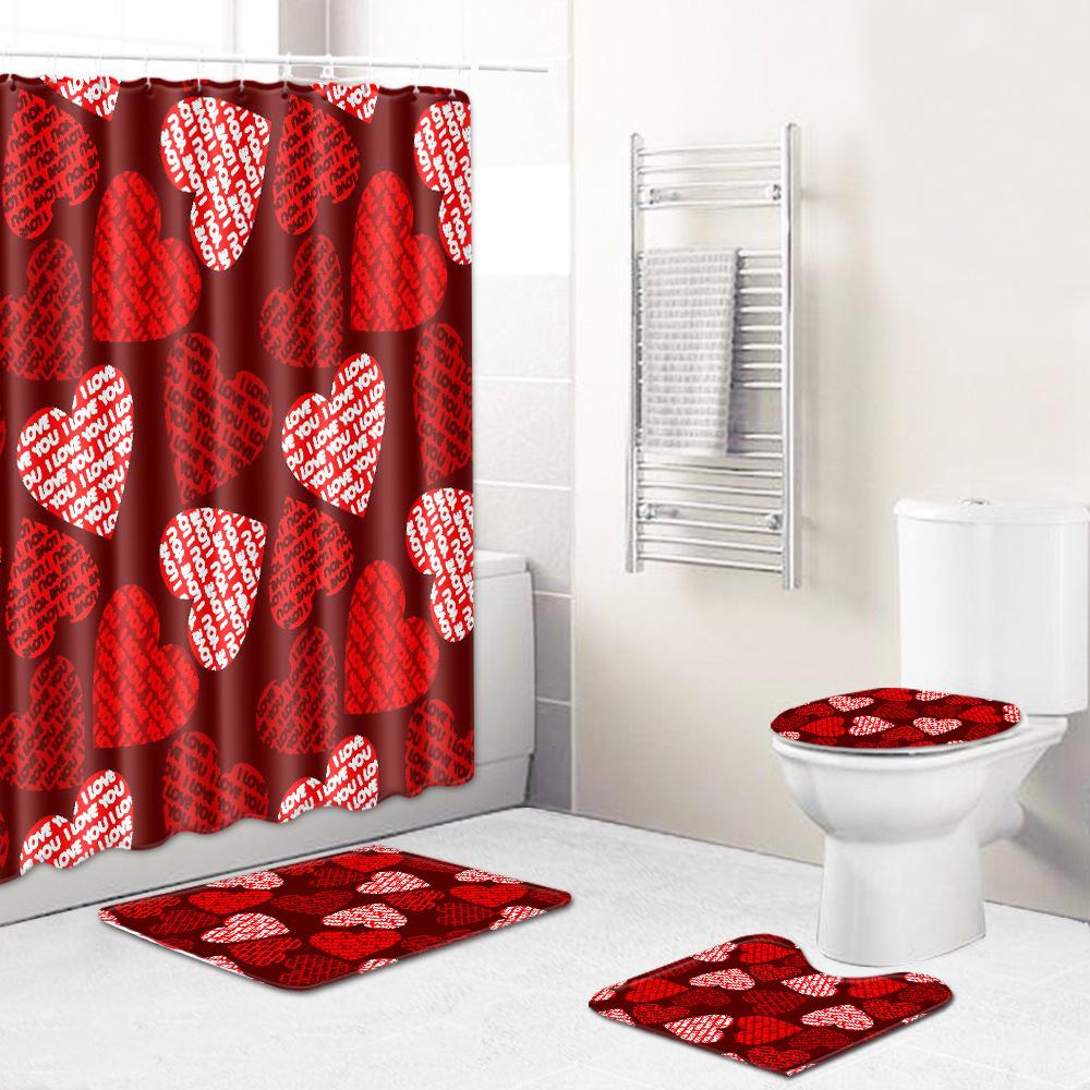 Valentine'S Day Toilet Shower Curtain Four-Piece Printed Floor Mat Set Bathroom Floor Mat Bedroom Absorbent Door Mat Carpet