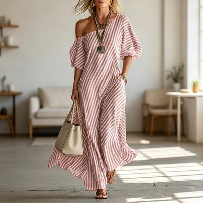 2026 In-Stock Women's Spring Elegant Striped Off-Shoulder Dress In Blue, Red, Green, Black, Pink