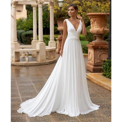Satin Long Sleeveless V-neck Wedding Dresses Illusion Elegant Luxury Off-White Vintage Women Bride Gown