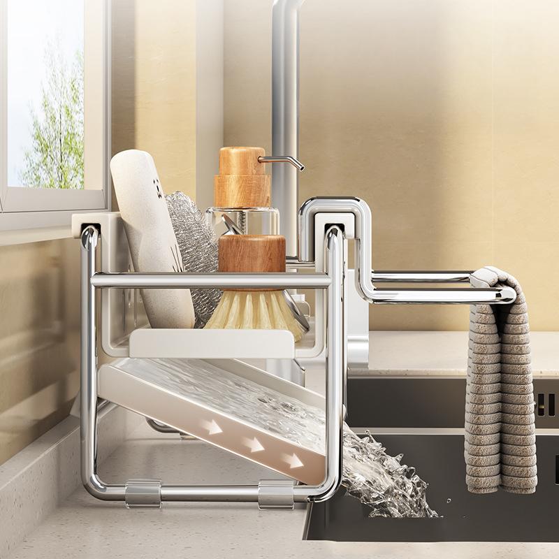 Sink Stainless Steel Shelf Desktop Cleaning Tool Storage Rack Sponge Dish Soap Draining Rack With Towel Bar Kitchen Organizer