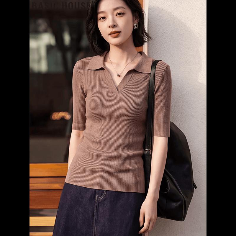 Basic House Women s Tencel Knit V-Neck Short Sleeve T-Shirt L