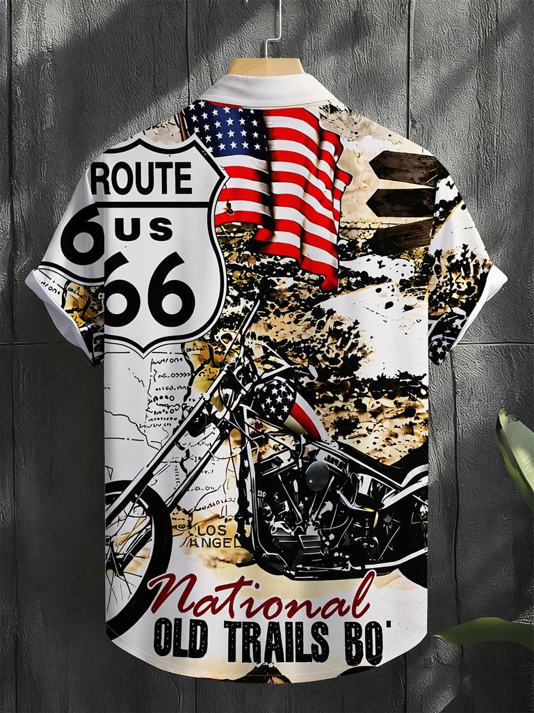 Printed Design - Not Textured] 2026 Summer New Arrival Men's Plus Size Shirt, Men's Casual Short Sleeve Beach Shirt, Route 66 Vintage Poster with