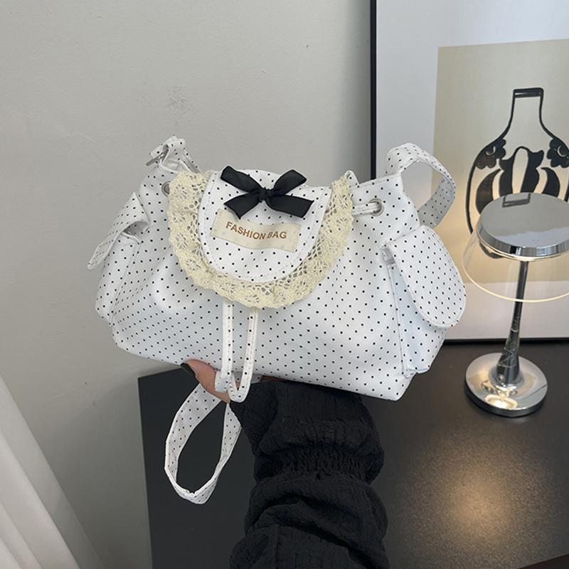 Yogodlns Lace Polka Dot Shoulder Bag Cute Drawstring Flap Crossbody Handbag Sweet Vintage Messenger Purse Daily Casual