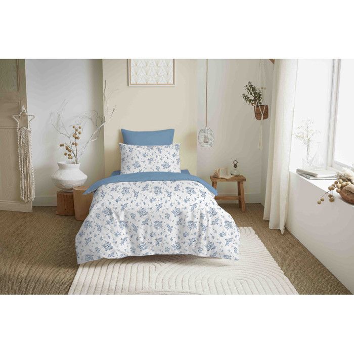 Pack complet housse de couette réversible "Vanessa" 4 pièces pour lit 90 x 190 Louise Bleu