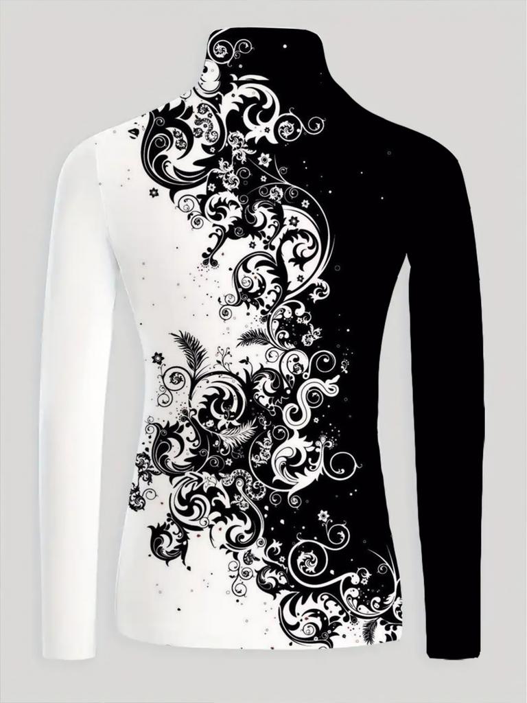 Elegant floral print qipao collar T-shirt, suitable for women—long sleeves, machine washable—perfect for autumn and winter, high neck design