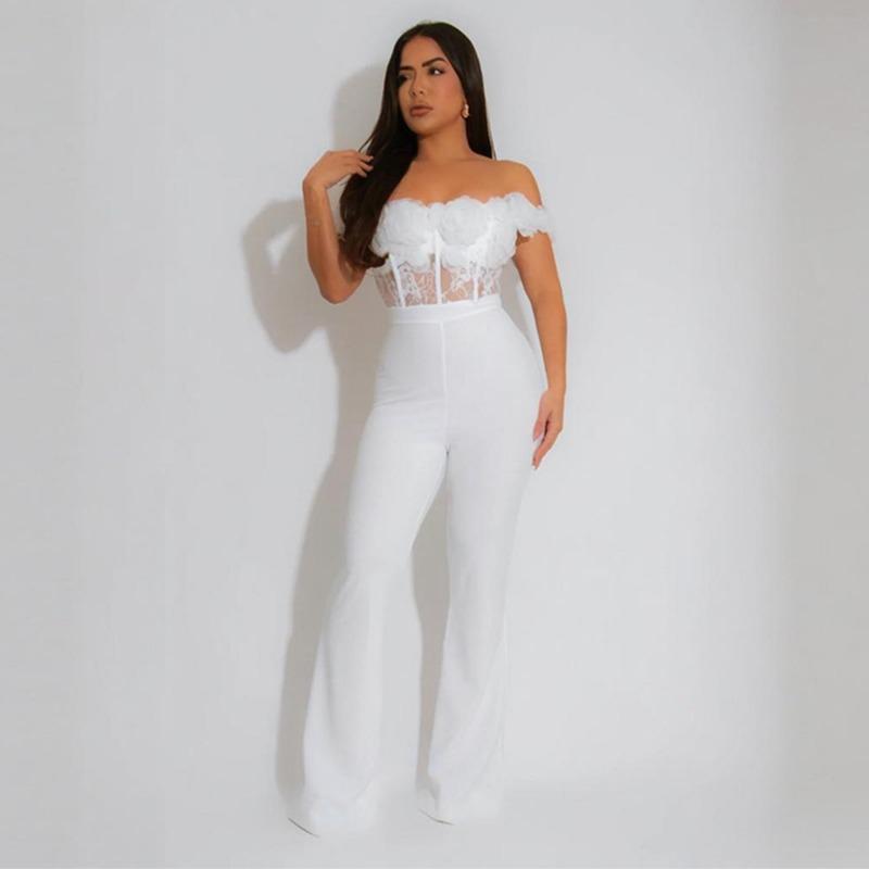 

Новый сексуальный кружевной прозрачный комбинезон на одно плечо и облегающие брюки для женщин L белый