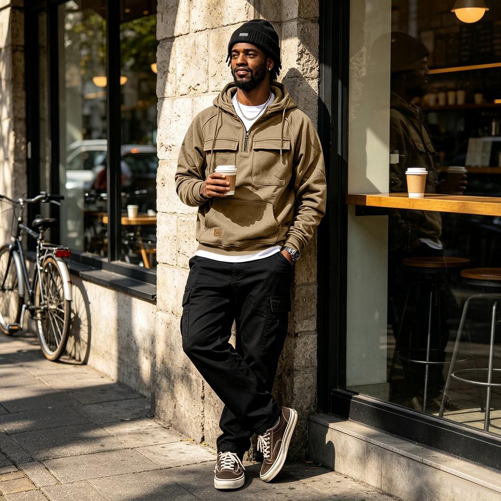 Men's Lined Hooded Pullover Sweatshirt with Multiple Pockets