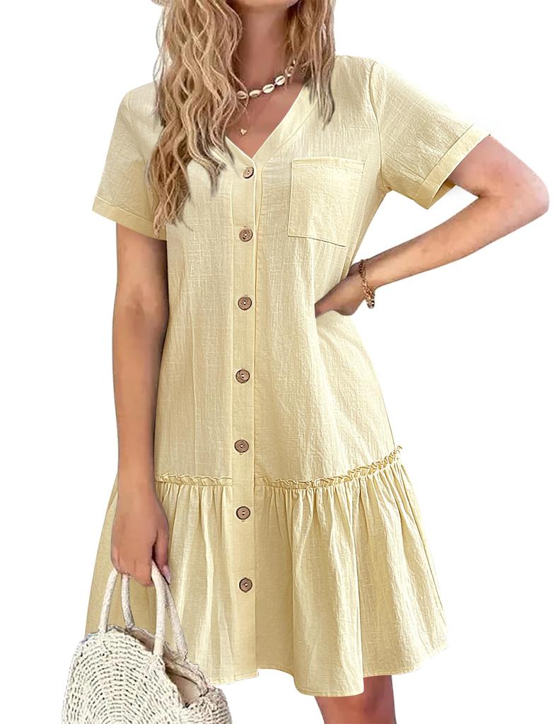 Women Button Down Dress Loose Summer Cotton Linen Dress Ruffle Hem Casual Dress Short Sleeve Tunic Dress
