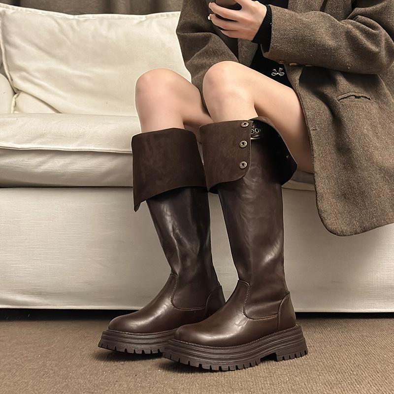 Thick-soled over-the-knee boots for women's 2025 autumn and winter new two-wear versatile soft leather retro thick-heeled knight boots long boots
