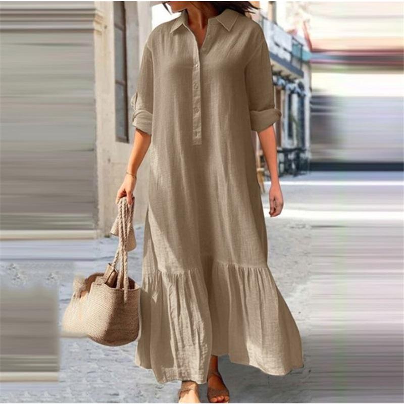 Damen Leinen Hemdkleid Revers 3/4 Ärmel Rüschensaum Locker Lang Maxikleid