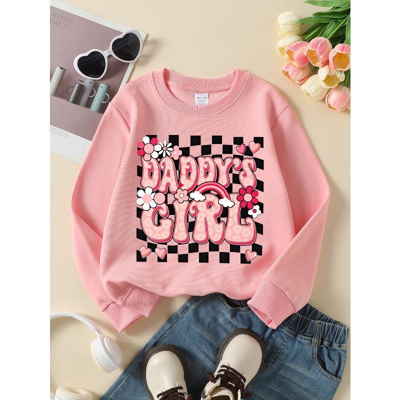Girls' Soft Crewneck Sweatshirt Daddy'S Girl Pink Floral Checkered Print Design with Cute Creative Print, Casual All-Match for Fall Winter