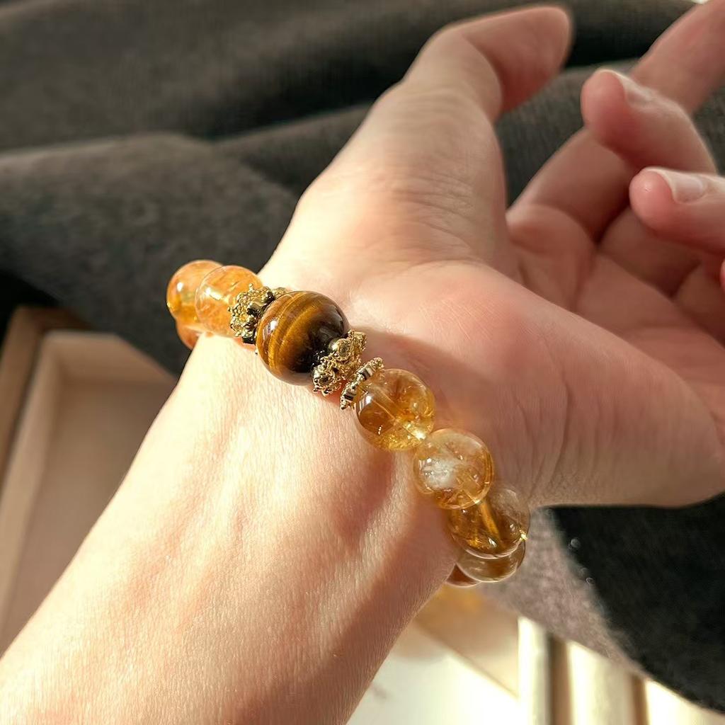 10Mm Retro Natural Citrine Yellow Tower Crystal Bracelet Beaded Bracelet Tiger Eye Stone Light Luxury Jewelry